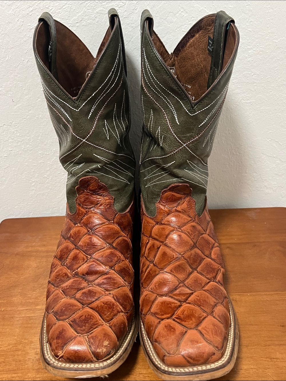 Men's Brown Leather Exotic Scale Cowboy Boots with Olive Shaft